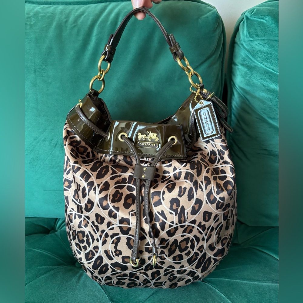 Coach Leopard Print Drawstring Hobo with Olive Patent Trim